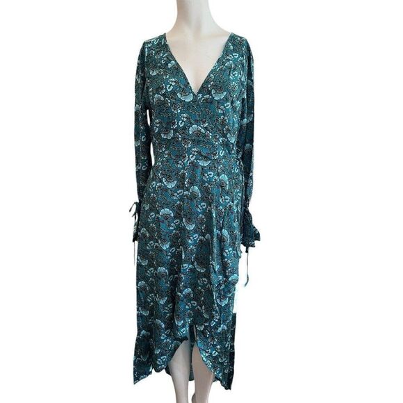 Medium Deep Teal Aqua Floral Faux Wrap Maxi Dress Hi Low NEW Band Of The Free - Picture 1 of 9